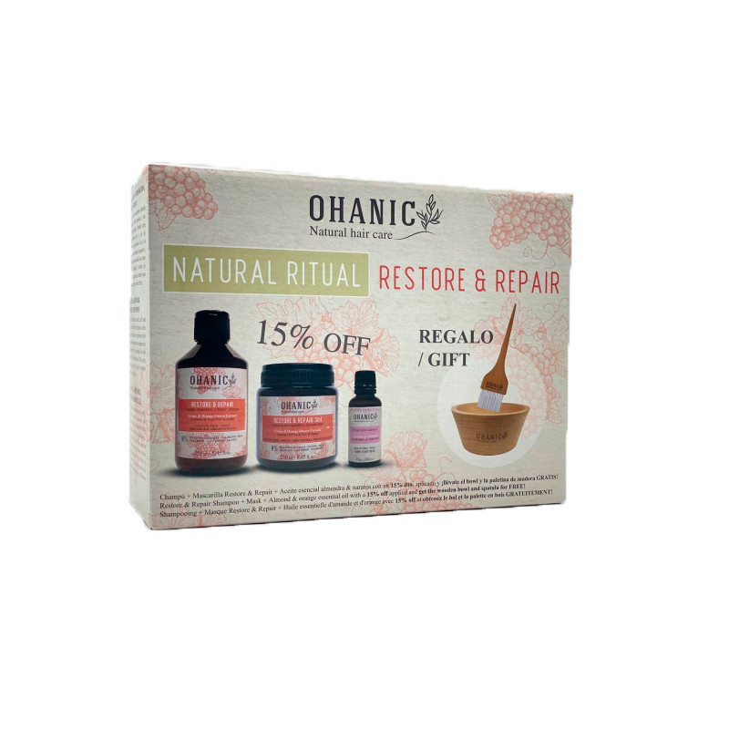 OHANIC - KIT RITUAL REPAIR CHAMPÚ, MASCARILLA, ACEITE DE ALMENDRA Y KIT DE MADERA OHANIC - KIT RITUAL REPAIR CHAMPÚ, MASCARILLA, ACEITE DE ALMENDRA Y KIT DE MADERA